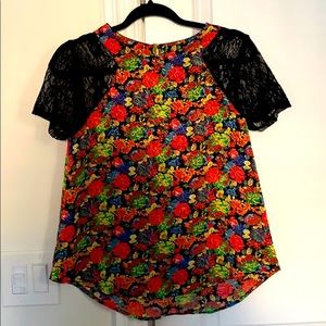 ASTR Bright Floral Top with Lace Sleeves